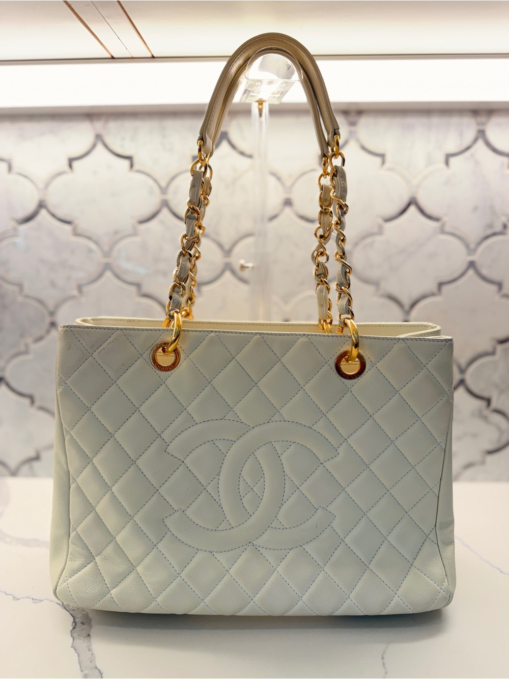CHANEL Cream Quilted Chain-Handle Tote